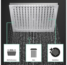 Pomme de douche à effet pluie avec les symboles XXL Performance, Rain et QuickClean