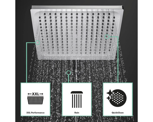 Regendusche mit den Symbolen XXL Performance, Rain und QuickClean