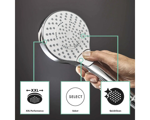Douchette avec les symboles XXL Performance, Select et QuickClean.