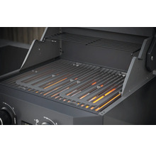 Vue détaillée d''un barbecue à gaz avec grille et étagère de maintien au chaud