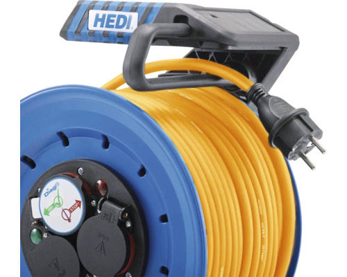 Enrouleur de câble HEDI avec câble jaune et boîtier bleu