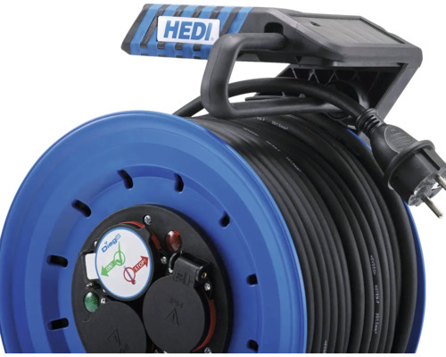 HEDI Kabeltrommel mit schwarzem Kabel und blauem Gehäuse