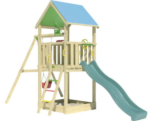 Spilltuerm mat Rutsch, Schaukel a Sandkëscht