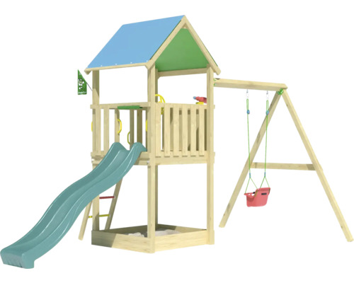 Spielturm aus Holz mit Rutsche, Schaukel und Sandkasten