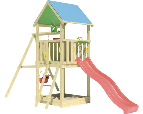 Spielturm aus Holz mit Rutsche, Schaukel und Sandkasten