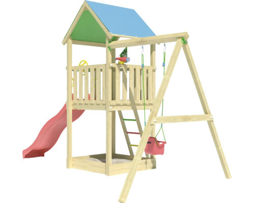 Spielturm mit Rutsche, Schaukel und Kletterleiter aus Holz