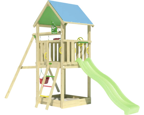Spielturm aus Holz mit Rutsche, Schaukel und Sandkasten für den Garten