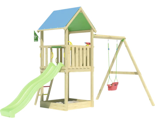 Spielturm aus Holz mit Rutsche und Schaukel