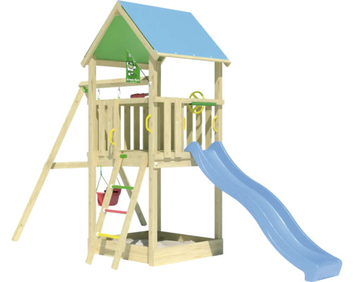 Spielturm aus Holz mit Rutsche, Leiter und Schaukel