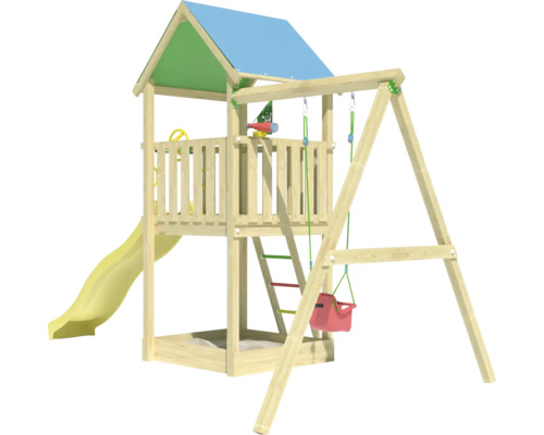 Spielturm aus Holz mit Rutsche, Schaukel und Sandkasten