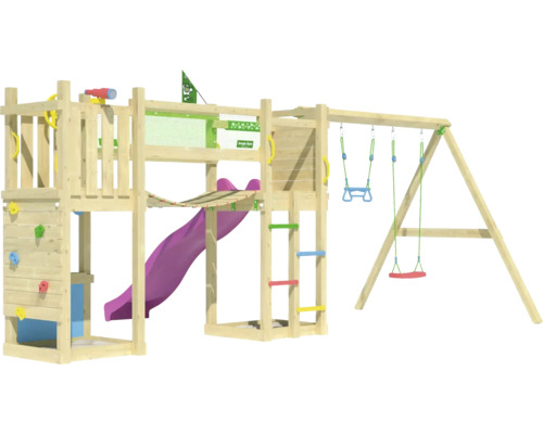 Spielturm aus Holz mit Rutsche, Kletterwand und Schaukel