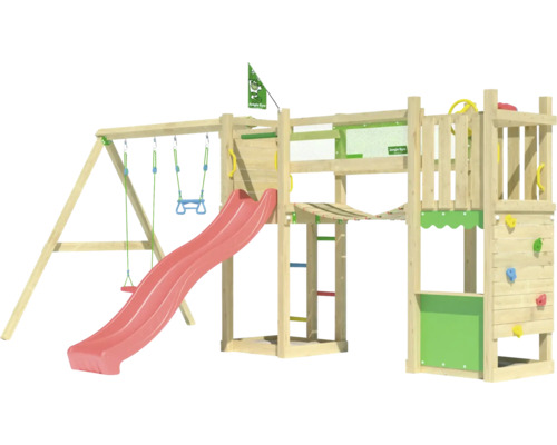 Spielplatz mit Schaukel, Rutsche und Kletterwand aus Holz