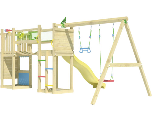 Spielplatz mit Schaukel, Rutsche, Kletterwand und Spielturm aus Holz