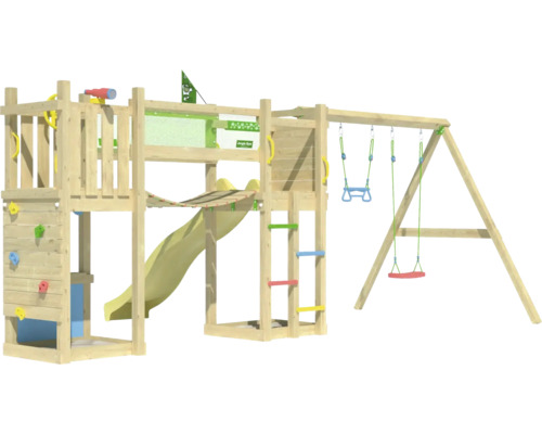 Spilltuerm mat Rutsch, Kloterwand a Schaukel fir dobaussen