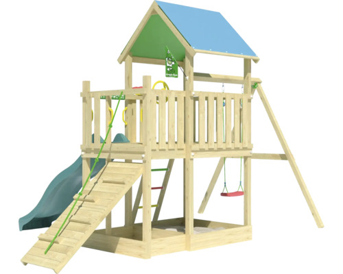 Spielturm mit Rutsche, Schaukel und Kletterwand
