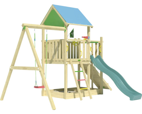 Spielturm aus Holz mit Schaukel, Rutsche und Sandkasten