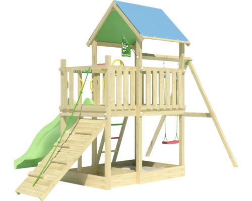 Spielplatz mit Rutsche, Schaukel und Klettergerüst aus Holz