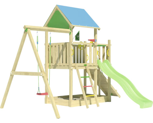 Spielplatz mit Schaukel, Rutsche, Kletterwand und Sandkasten