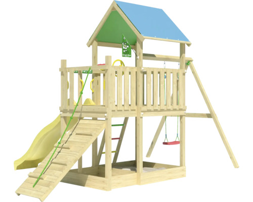 Spielturm mit Rutsche, Schaukel und Kletterwand für den Garten