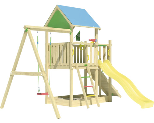 Spielturm mit Schaukel, Rutsche und Sandkasten aus Holz