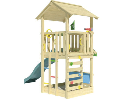 Spielturm mit Rutsche, Kletterwand und Sandkasten