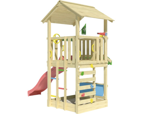 Holzspielhaus mit Rutsche und Kletterwand für den Garten