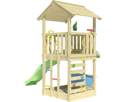 Spielturm mit Rutsche, Kletterwand und Sandkasten