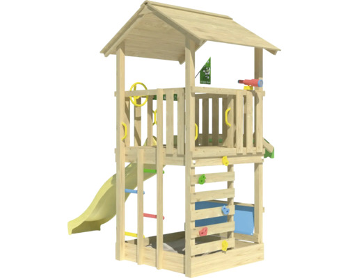 Spielturm aus Holz mit Rutsche, Kletterwand und Dach