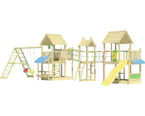 Spielanlage aus Holz mit Rutsche, Schaukel und Klettergerüst