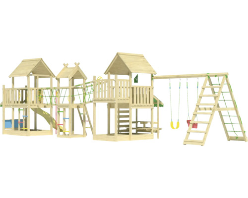 Grosser Spielturm aus Holz mit Schaukel, Rutsche und Klettergerüst für den Aussenbereich