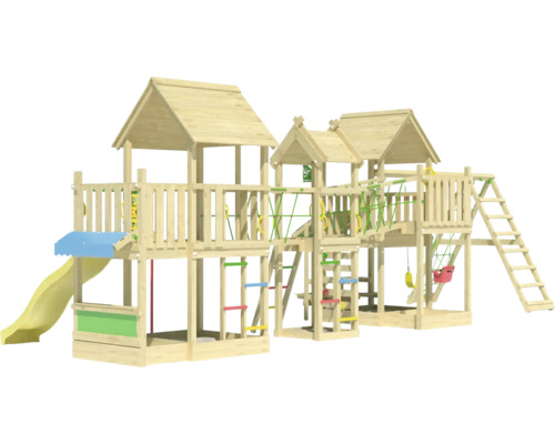 Spielplatz aus Holz mit Rutsche, Schaukeln und Klettergerüst