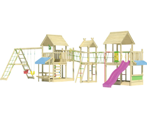 Großer Spielturm aus Holz mit Schaukel, Rutsche und Kletterwand für den Garten