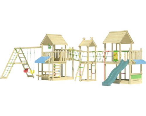 Grousse Spilltuerm aus Holz mat Rutsch, Schaukel a Kloterwand fir de Gaart