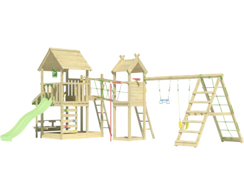 Spielplatz aus Holz mit Rutsche, Schaukel und Klettergerüst für den Aussenbereich