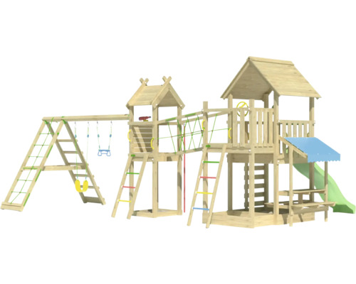 Holzspielplatz mit Schaukel, Kletterwand, Rutsche und zwei Spieltürmen