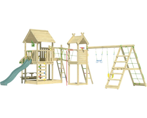 Spielplatz mit Rutsche, Schaukel und Klettergerüst aus Holz