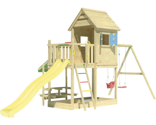 Spielanlage aus Holz mit Rutsche, Schaukel und Spielhaus für den Aussenbereich