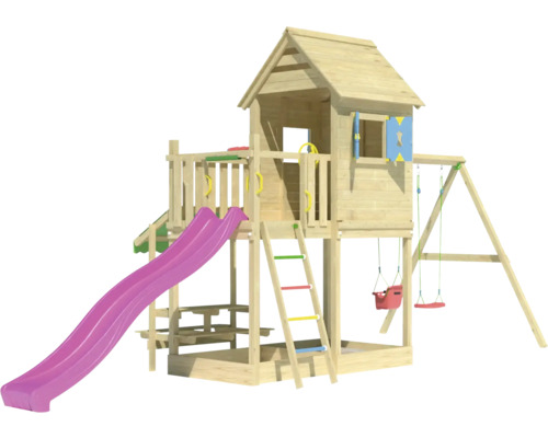 Spielturm mit Rutsche, Leiter und Schaukel aus Holz