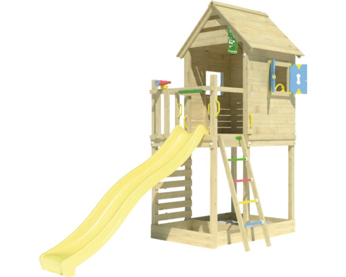 Spielturm aus Holz mit Rutsche und Leiter