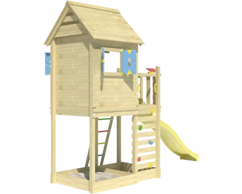 Spielhaus mit Rutsche, Kletterwand und Sandkasten aus Holz