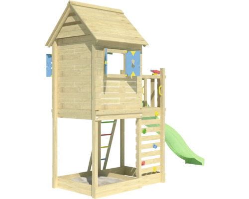 Spielhaus aus Holz mit Rutsche, Kletterwand und Sandkasten