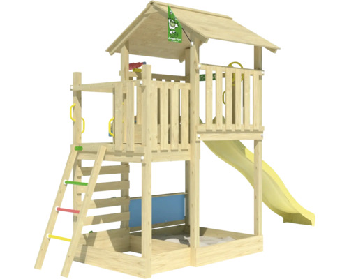 Spielturm aus Holz mit Rutsche und Sandkasten