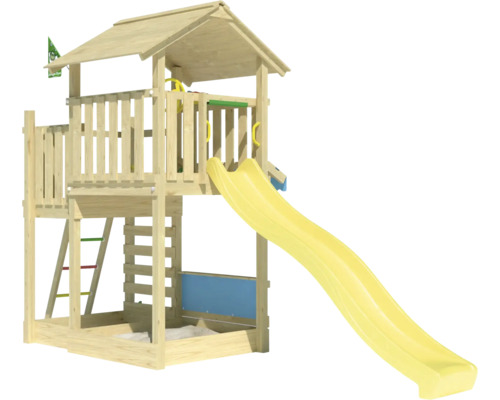 Spielturm aus Holz mit Rutsche und Sandkasten