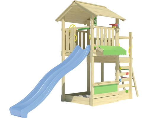Holzspillturm mat Rutsch a Kloterwand fir dobaussen