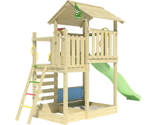 Spielturm aus Holz mit Rutsche und Sandkasten
