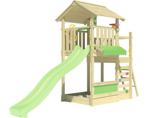 Spielturm mit Rutsche und Kletterwand aus Holz