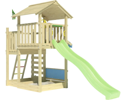 Holzspielturm mit Rutsche und Sandkasten