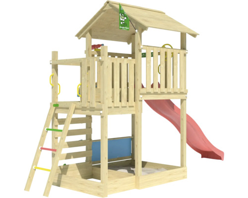 Spielturm aus Holz mit Rutsche und Sandkasten