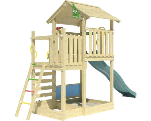 Spielturm aus Holz mit Rutsche und Sandkasten