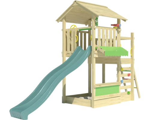 Spielturm mit Rutsche, Leiter und Sandkasten aus Holz